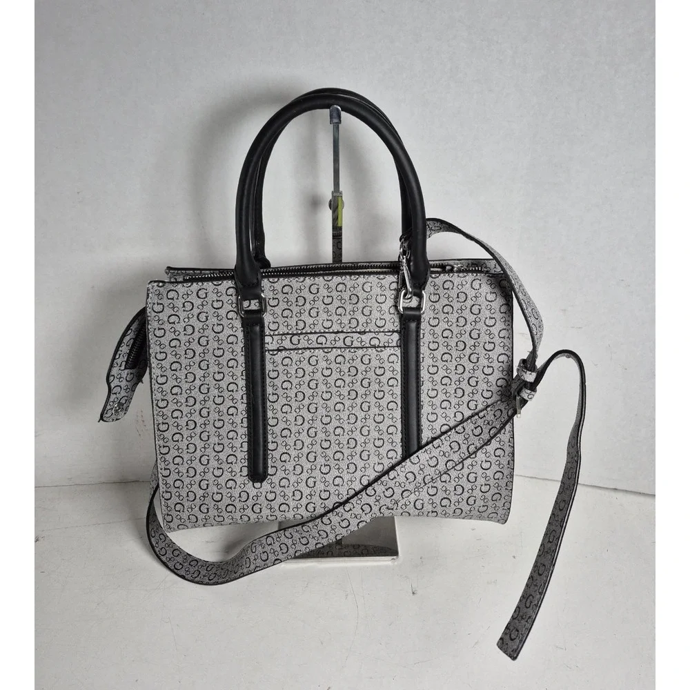 GUESS Logo Satchel Handbag Black Grey Monogram Structured Top Handle‎ Crossbody
